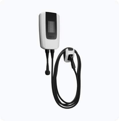 Wall-mounted electric vehicle charger with a charging cable attached, designed for efficient home EV charging.