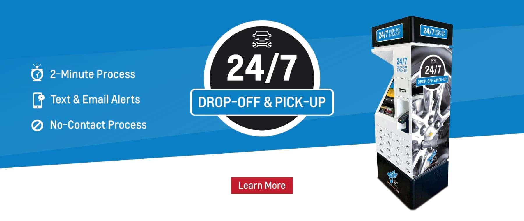 24/7 drop-off and pick-up kiosk featuring a quick 2-minute process, text and email alerts, and a no-contact functionality for convenient vehicle service.