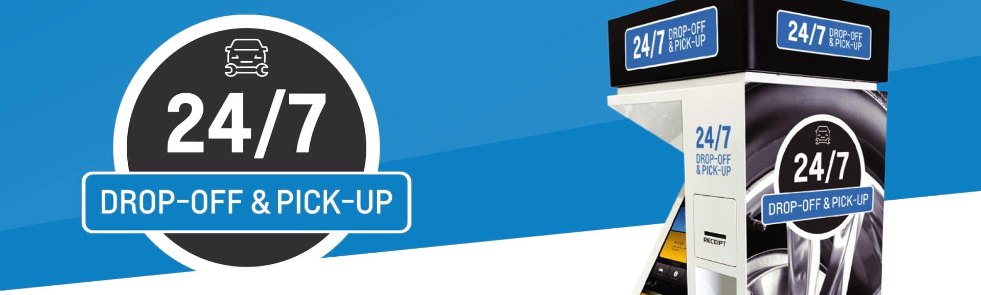 24/7 vehicle drop-off and pick-up kiosk with clear signage, designed for convenient access and seamless customer service.