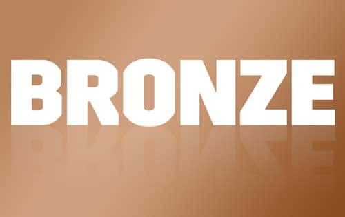 Text graphic featuring the word "BRONZE" in bold white letters on a warm bronze background, reflecting light to enhance visibility.