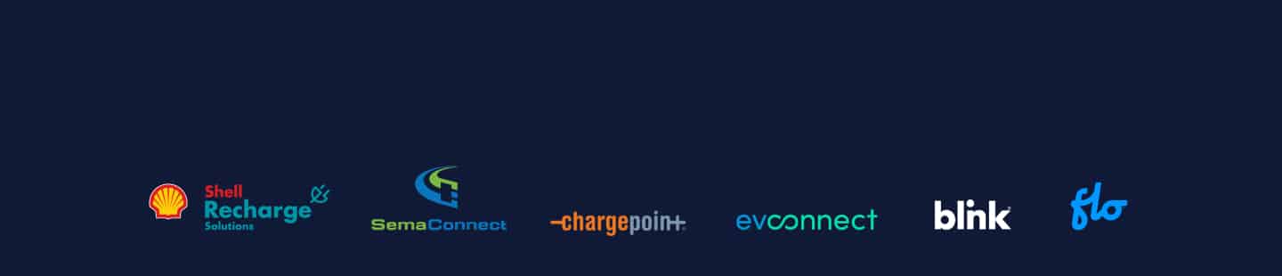 Logos of electric vehicle charging solutions including Shell Recharge Solutions, SemaConnect, ChargePoint, evconnect, Blink, and Flo, set against a dark background.