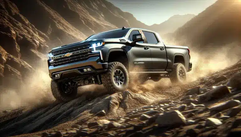 Chevrolet pickup truck driving off-road through a rugged mountain trail