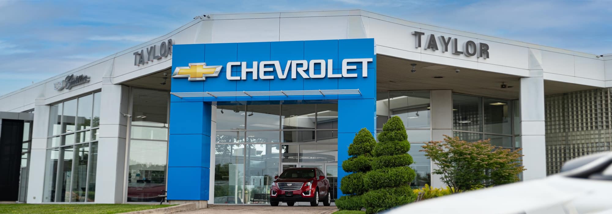Front view of the Taylor AutoMall Chevrolet dealership building with glass windows, blue Chevrolet sign, and landscaping